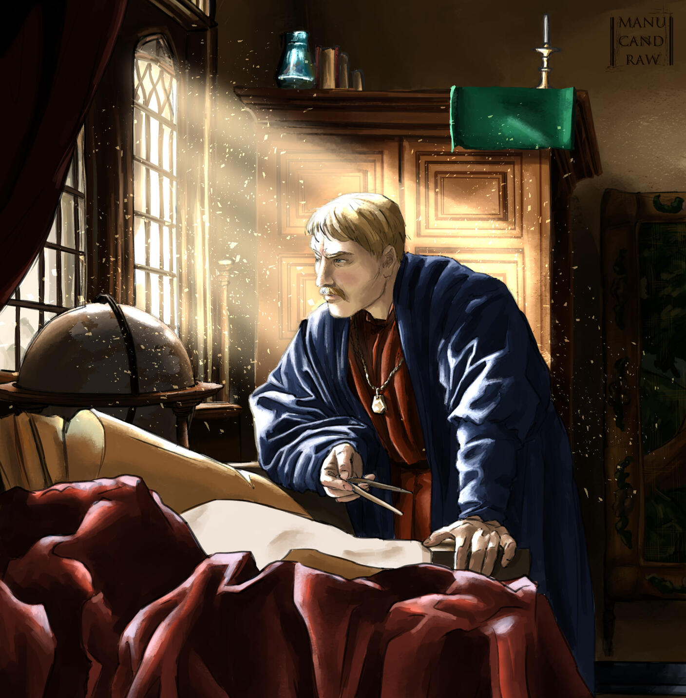 Old art (but still good) inspired by the famous painting of the dutch artist Johannes Vermeer "The Geographer". I changed the colors, the character and added more lights coming from the window. It's a